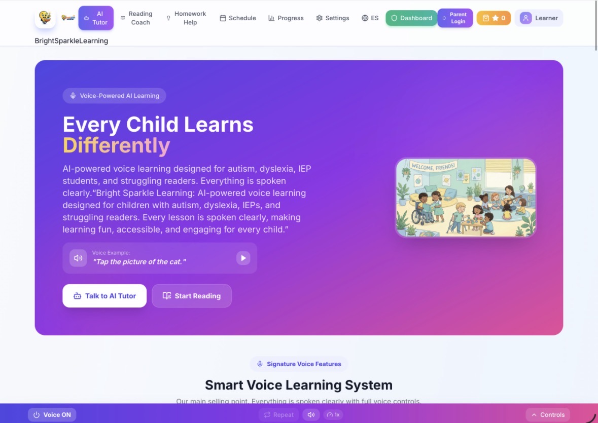 App home screen in English: Every Child Learns Differently, with Talk to AI Tutor and Start Reading buttons